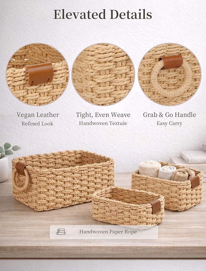 Storage Basket, Recycled Paper Rope Bathroom Basket Organizer, 3Pcs Small Baskets for Organizing, Mini wicker Basket for Decorative Storage Bins, Shelves, Bathroom, Cabinet - Beige