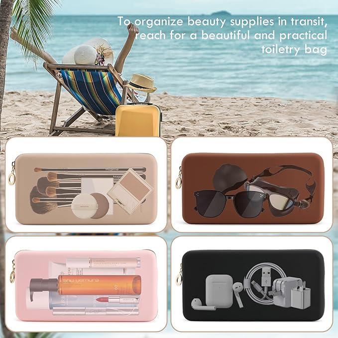 FVION Zipper Makeup Brushes Bag For Travel, Large Silicone Makeup Brush Holder, Make Up Brushes Pouch Case for Makeup Tools - Brown