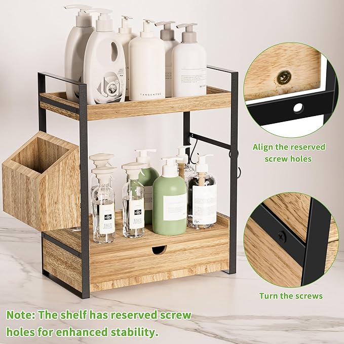 Kottwca Bathroom Counter Organizer with Drawer, 2-Tier Wood Countertop Organizer for Storage, Vanity Skincare Organizers, Bathroom Sink Shelf for Organization (Wood Color)