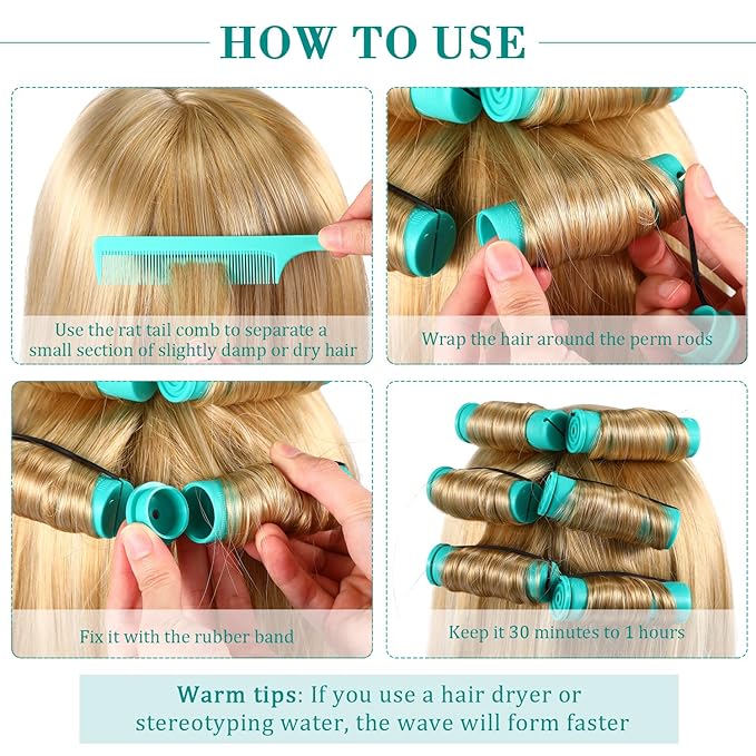 Chuangdi 24 Pcs Hair Perm Rods Plastic Cold Wave Perming Curlers Hair Rollers with Steel Pintail Comb Rat Tail Comb Tools for Hairdressing Styling(Green,0.98 Inches)