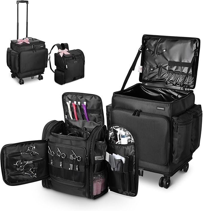 BYOOTIQUE 2in1 Soft Sided Rolling Makeup Train Case Travel Backpack For Hair Stylist Tools Curling Iron Straightener Salon Barber Shop, Black