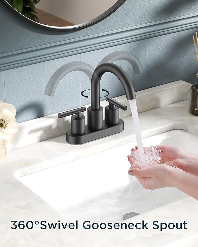 FORIOUS 4 Inch Centerset Bathroom Faucet Black 2 Hole, Two Handle Matte Black Faucet for Bathroom Sink with Pop Up Dain, 24" Supply Line, and 360° Rotating Spout of 4" Vanity