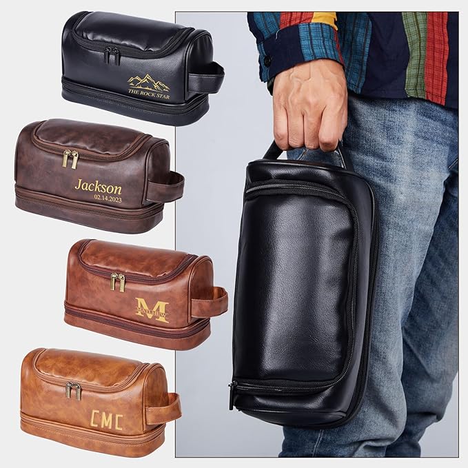 Flycalf Personalized Toiletry Bag for Men Leather Toiletries with Hanging Hook Shaving Bag Bathroom Organizer Leather Engraved Text Shower Toiletries
