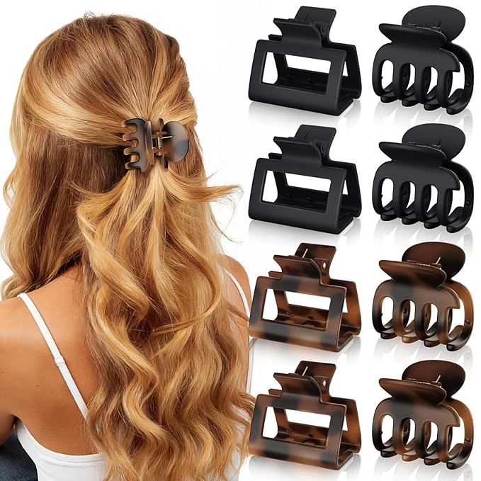 8 PCS Medium Hair Clips for Women Girls - 2 Styles Rectangle Small Claw Clips for Thin Thick Curly Hair, Stylish Matte Non-slip Strong Hold Jaw Clips Square Hair Accessories, Tortoise & Black