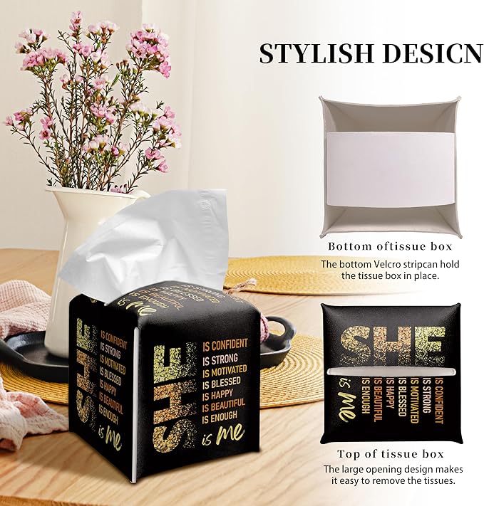 Grace Yonks Cute Tissue Box Cover Square - “SHE Is Me” Empowering Quote in Glitter Gold on Black Design 5.2" PU Leather Holder for Vanity, Desk, or Bathroom Counter - Cube Case for Facial Tissues(022)