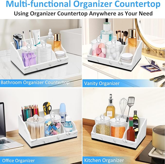 Bathroom Counter Organizer, White Marble Toothbrush Holders for Bathrooms with 2PCS Qtip Holder, Bathroom Countertop Organizer Toothbrush and Toothpaste Holder for Makeup Organizer for Vanity