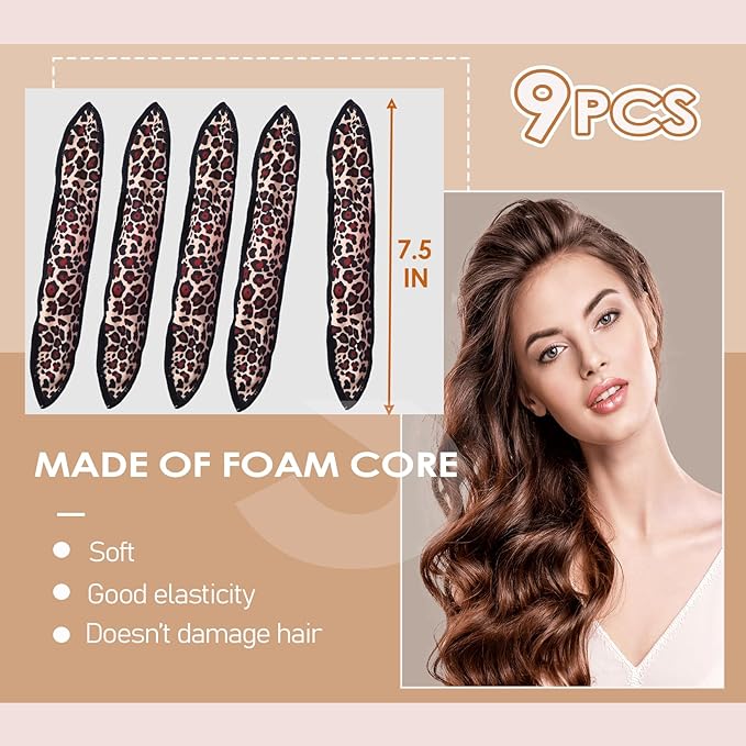 Satin Sponge-Rollers for Hair - AHSNYLC 9PCS Sponge Curlers,Soft Curlers to Sleep in,Hair Rollers,Hair Curlers No Heat,Soft Sleep Hair Rollers,Stain Heatless (Leopard Color)
