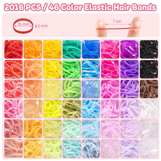 Rubber Bands for Hair, 46 Colors Baby Hair Ties, 2100pcs Colorful Hair Accessories for Girls, Funtopia Small Elastic Hair Ties with Mini Hair Claws Hair Clips for Girls Baby Toddlers Kids
