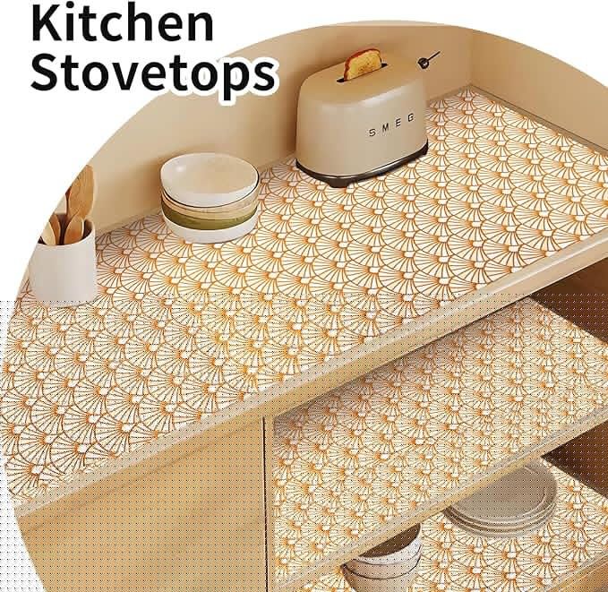 Shelf and Drawer Liner for Kitchen Cabinet,Non-Adhesive Waterproof Oil-Proof Easy Clean Shelf Liner for Dresser & Bathroom Vanities with Adhesive Dots & Cutting Tool(12 in X 30 Ft Gold Fish Scale)