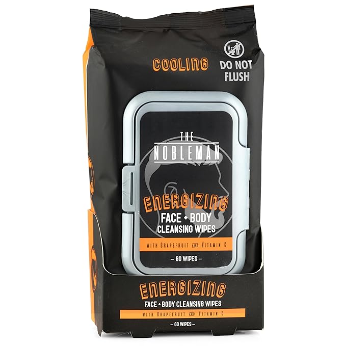 The Nobleman Energizing Face + Body Cleansing Wipes 60 Ct – With Grapefruit & Vitamin C – Reviving, Cooling & Refreshing – Extra-Thick Premium Wipes, Strong, Durable & Tear-Resistant for Confident Use