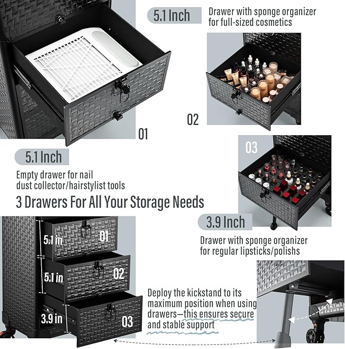 Salon Cart with 3 Drawers, Nail Trolley Cart with Wheels Salon Station Rolling Makeup Train Case Cosmetology Case Organizer Cases for Nail Tech,SPA,Face Painting,Hairstylist,Makeup Artist