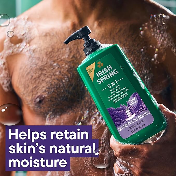Irish Spring 5 in 1 Moisturizing Body Wash for Men, Shampoo, Conditioner, Body and Face Wash, and 24 Hour Deodorizer, Paraben-Free, Fresh Eucalyptus & Bergamot Scent, 20 fl oz