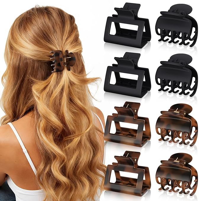 8 Pcs Medium Hair Clips for Women Girls - 2 Styles Rectangle and Double Row Teeth Small Claw Clips for Thin Thick Hair, Matte Non-slip Strong Hold Jaw Clips Hair Accessories, Tortoise & Black