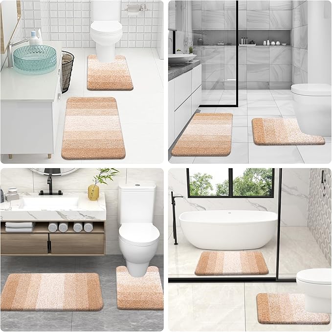 OLANLY Bathroom Rugs Sets 3 Piece, Soft Absorbent Microfiber Bath Mats and U-Shaped Contour Toilet Rug, Plush Shaggy Bath Mat Set for Bathroom (30"x20"+24"x16"+24"x20", Beige)