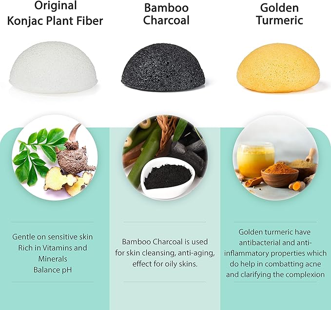 pureSOL Golden Turmeric Konjac Sponges - Activated Charcoal - Facial Sponge, 100% Natural Sponge - Ideal for Acne, Exfoliating