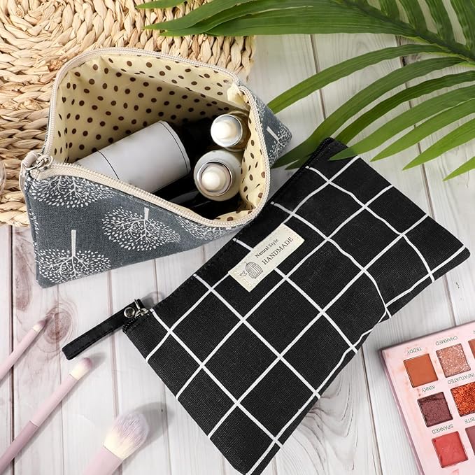 4 Pcs Canvas Cosmetic Bags Cosmetic Pouches with Zipper Makeup Bag Multi-Function Canvas Travel Pouch Vacation Travel Toiletry Bag for Women Girls, 4 Patterns