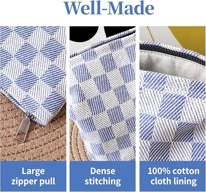 Blue Checkered Makeup Bag for Women, Canvas Cosmetic Bag with Zipper Lining, Travel Makeup Pouch for Purse, Travel Pouch for Toiletry, Cosmetic, Sunscreen, Hygiene, Skincare, SPF, Medicine, Sunblock