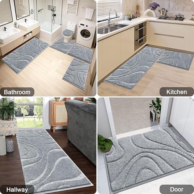 HEBE Bathroom Rugs Sets 5 Piece, Soft Absorbent Microfiber Bath Mat for Bathroom, Non Slip Washable Bath Rug Set with Toilet Cover, Bath Runner and U-Shaped Contour Toilet Rug, Light Grey
