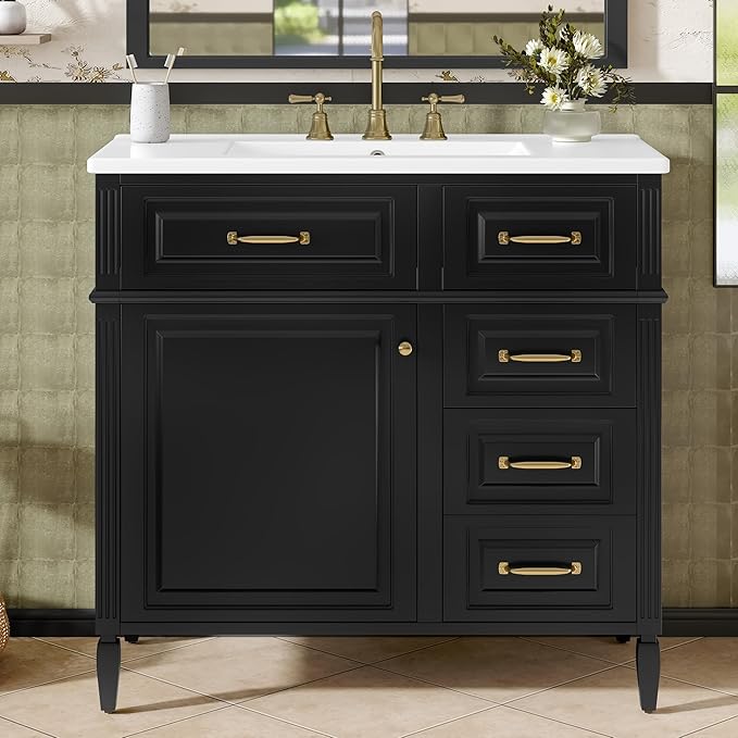 Harper & Bright Designs 36" Bathroom Vanity with Sink, Free Standing Vanity Set with 4 Drawers, Storage Racks, and Adjustable Shelf, Wood Bathroom Cabinet with Ceramic Basin for Bathroom, Black