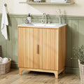 VINGLI 30 Inch Bathroom Vanity with Sink, Mid Century Modern Freestanding Cabinet with Ceramic Top, Fluted Soft-Close Doors & U-Shape Storage for Small Bathroom, Natural Oak