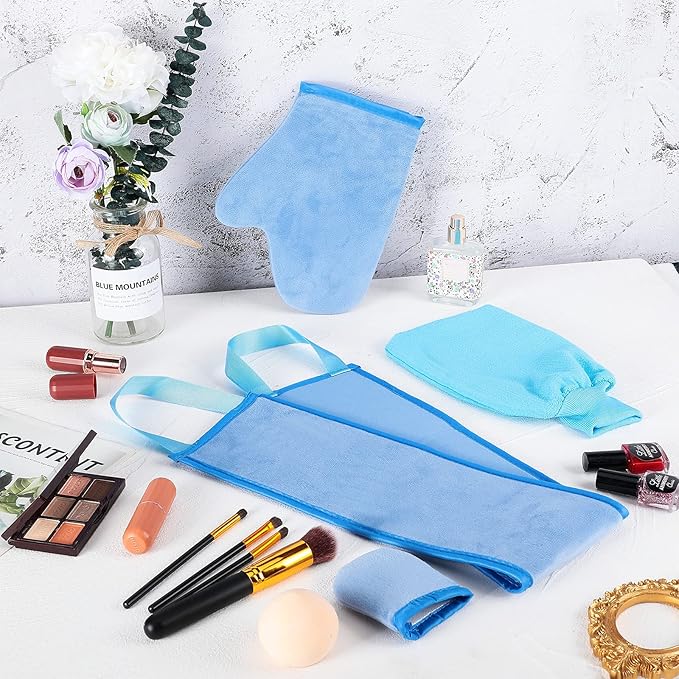 Boao 5 Pieces Self Tanning Mitt Applicator Kit, Includes Tanning Mitt, Exfoliating Glove, Mini Face Glove, Back Lotion Applicator, and Large Brush Makeup(Blue)