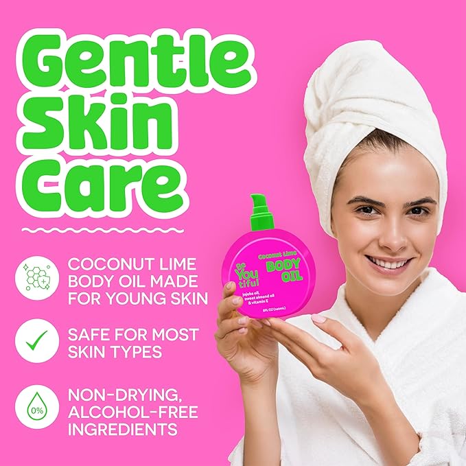 BeYoutiful Coconut Lime Body Oil for Kids & Teens, Easter Gifts for Kids, Hydrating Glow Oil for All Day Moisture with Jojoba & Sweet Almond, Soft Smooth Skin, 8 oz, Easter Stuffers