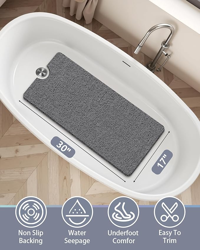 Non Slip Shower Mats for Inside Shower, 17x30 Inch, Anti-Slip Bathtub Mats for Bathroom, Foot Scrubber Loofah Bath Mats for Shower, Quick Drying Shower Stall Mats for Wet Areas (Grey)