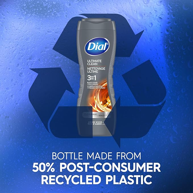 Dial Men 3 in 1 Body, Hair and Face Wash, Ultimate Clean, 16 Fl Oz, Pack of 4, Amber Woods Scent, Cleanses Deep + Gentle on Skin with Clean Rinse Technology