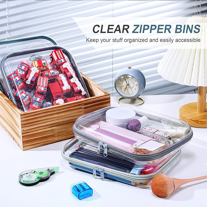 Hoolerry 4 Pcs Hard Clear Zipper Case Makeup Bags Plastic Zipper Pouch Transparent Storage Box Containers for Cosmetics, Snacks, Building Blocks, Puzzles(Clear,9.8 x 7.9 x 2 in,Morandi)