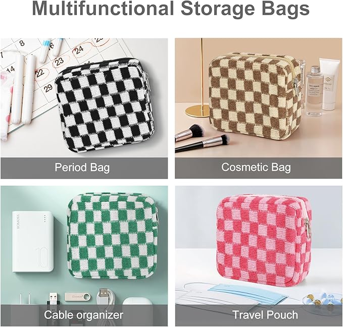Sanitary Napkin Storage Bag, Menstrual Pad Zipper Bag Checkered Portable Period Bag Panty Liners, Tampon Storage Pouch for Women Ladies Daily Use Storage Purse Travel