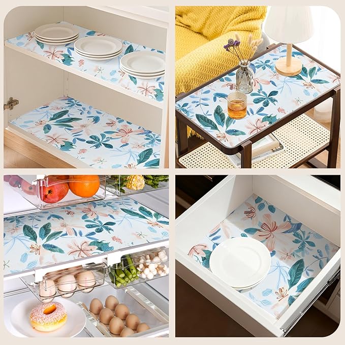 Shelf Liners for Kitchen Cabinets 17in x 20FT, Non Adhesive Drawer Liner Colored Flowers Thickened Shelf Liner Non-Slip Easy to Clean for Tool Box Refrigerator with Knife and Tape Measure