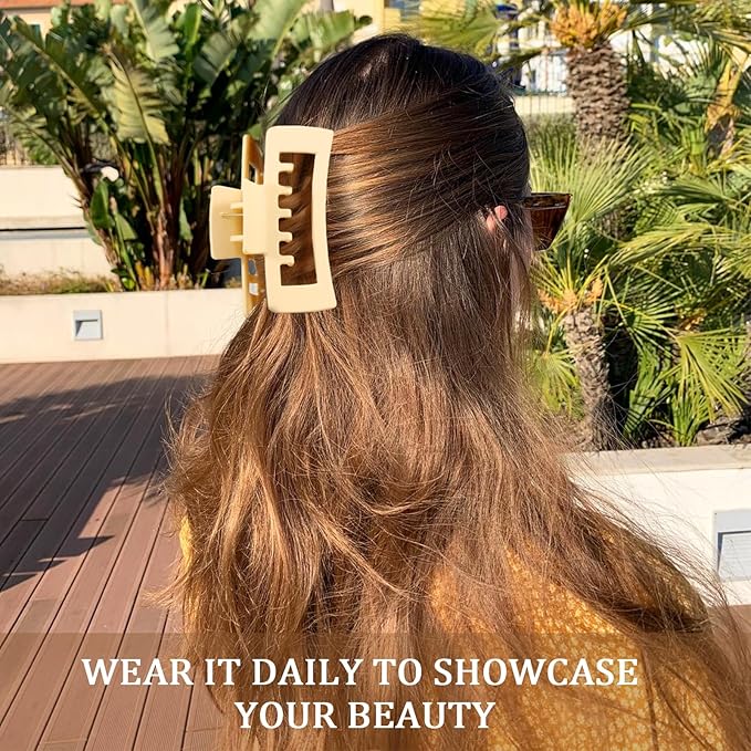 6 PCS Rectangle Hair Clips for Women and girls, 4.1 Inch Extra Large Claw Clips for Thick Thin Hair, Strong Hold Non Slip Big Square Banana Jaw Clips Hair Accessories, Neutral Color