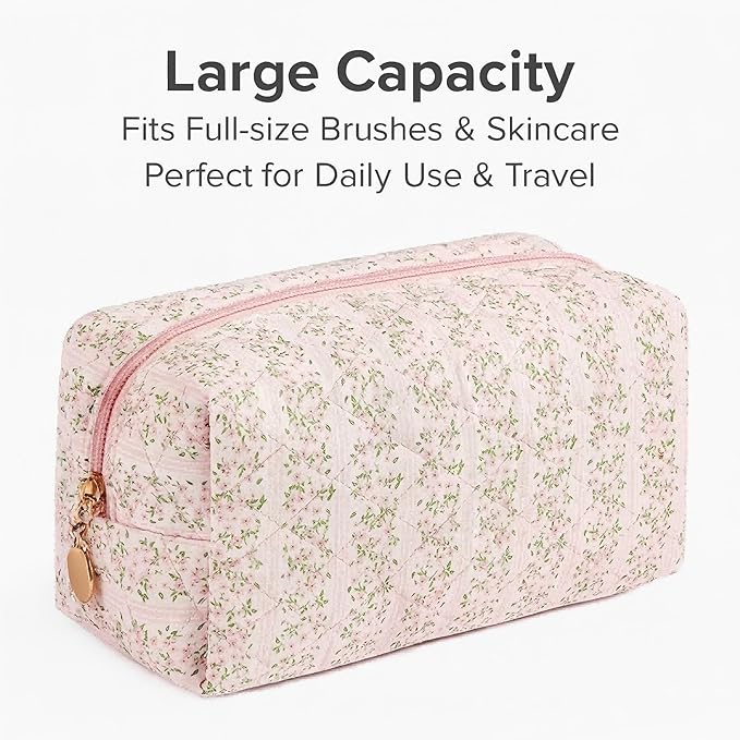 Floral Quilted Cotton Makeup Bag for Women, Large Capacity Travel Cosmetic Pouch with Zipper, Cute Toiletry & Brush Organizer, Kawaii Makeup Storage Case – Pink Floral