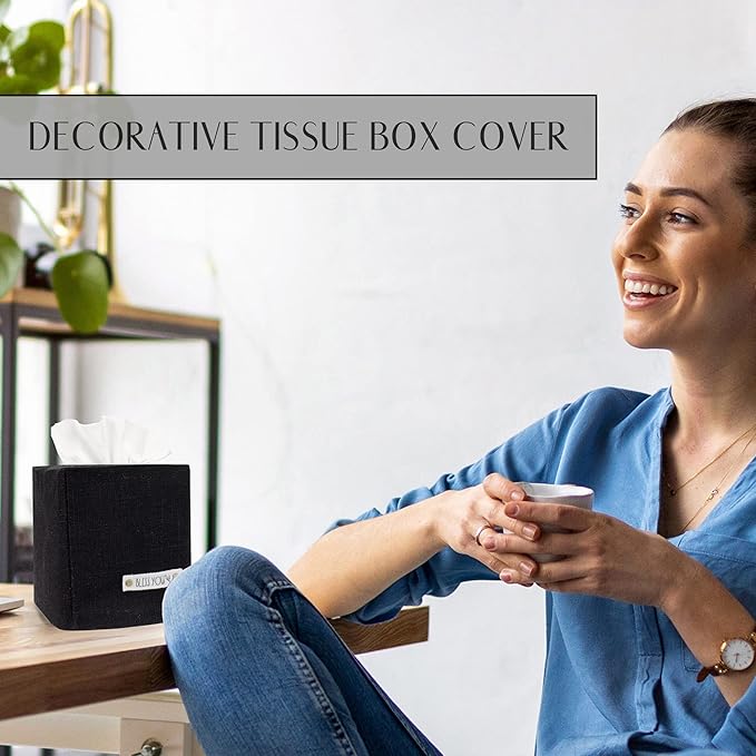 Stylish Tissue Box Cover - This Black Linen Holder Instantly Covers Your Square Tissue Boxes - The Perfect Cube Cover for Your Bathroom and Home