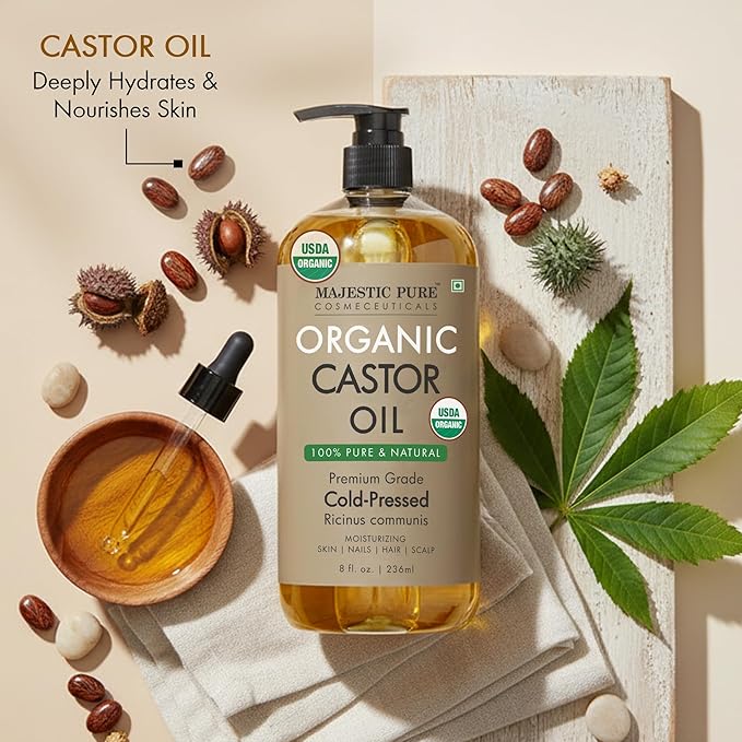 Majestic Pure USDA Organic Castor Oil 8 Fl Oz - 100% Pure and Natural- Cold Pressed & Hexane Free Natural Hair Growth Oil for Eyelashes, Eyebrows, Skin, Body, Face, Nails & Scalp
