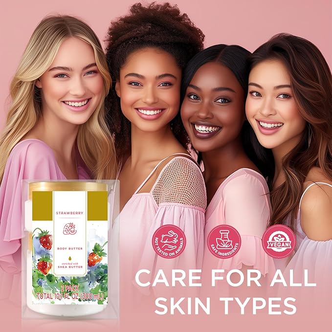 Princess Belle Strawberry Body Butter, Shea Body Butter and Body Moisturizer for Dry Skin, Smell Good, Strawberry Gifts for Women-2 Pack (3.4floz + 6.8 floz)
