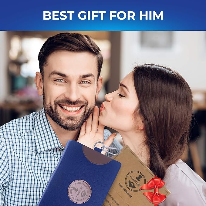 Beard Shaping Kit - Grooming Tools for Men - Adjustable Lineup Template, Premium Wooden Comb, Laser Sharpening Scissors, All in Hygiene Travel Case