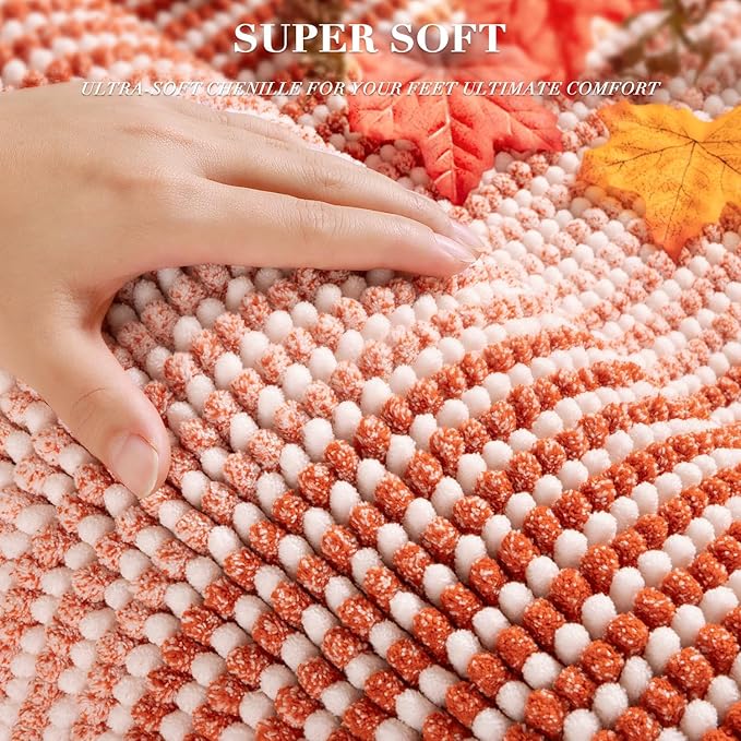 Bathroom Rugs and Mats Sets, 2 Piece Thick Absorbent Chenille Bath Mat Rug Set Non Slip, Soft Shaggy Bath Room Floor Mats for Bathroom, Machine Washable (Sunset Orange, 20" x 47" Plus 16" x 24")