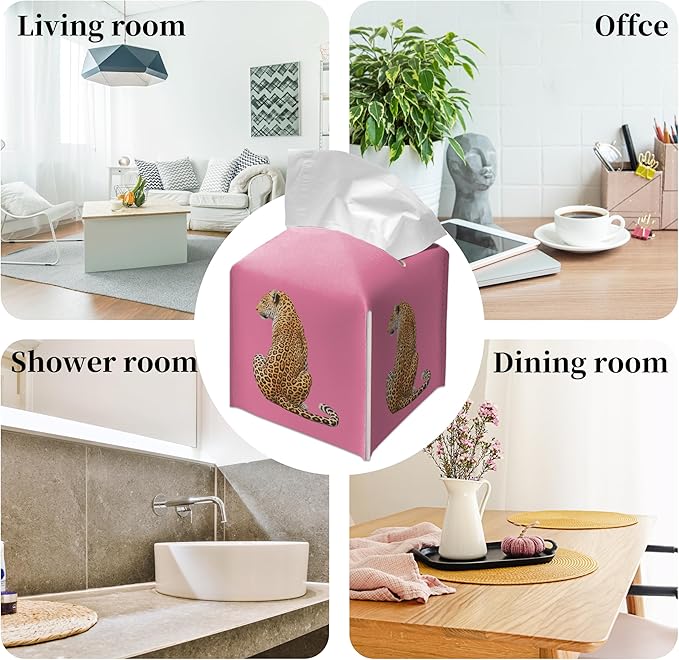 Grace Yonks Cute Tissue Box Cover Square - Leopard Cat Print on Hot Pink Background Design 5.2" PU Leather Holder for Vanity, Desk, or Bathroom Counter - Cube Case for Facial Tissues(015)