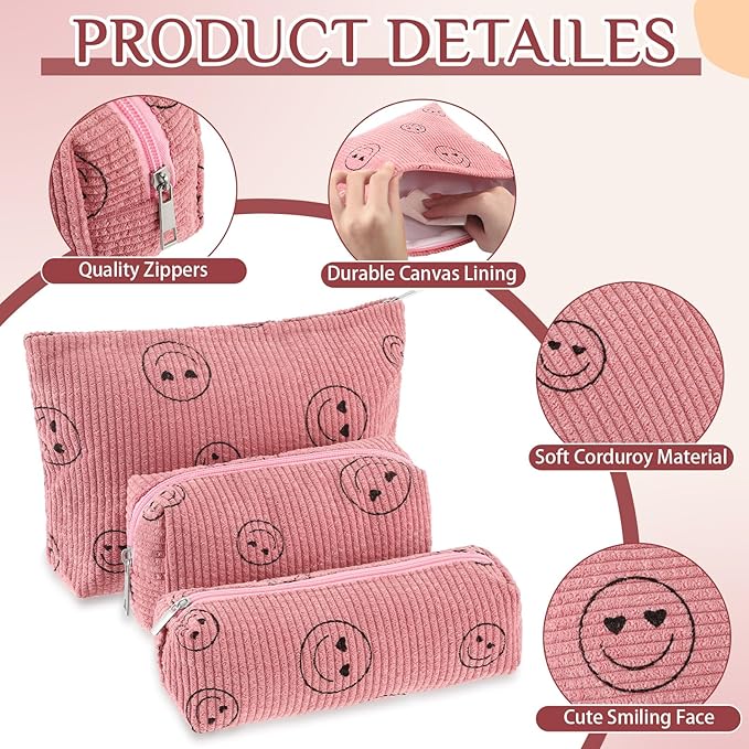 3 Pcs Makeup Bag Set for Women Corduroy Cosmetic Pouch Aesthetic Smile Travel Toiletry Bag Cute Purse Pouch Pencil Case Makeup Brushes Storage Organizer with Zipper(Pink,Smile Face)