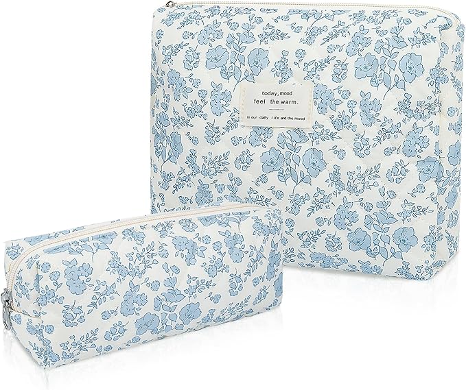 2PC Makeup Bag Set, Cute Cosmetic Bag for Women Girls, Floral Coquette Aesthetic Toiletry Bag, Travel Make Up Organizer Bag (Blue Floral)