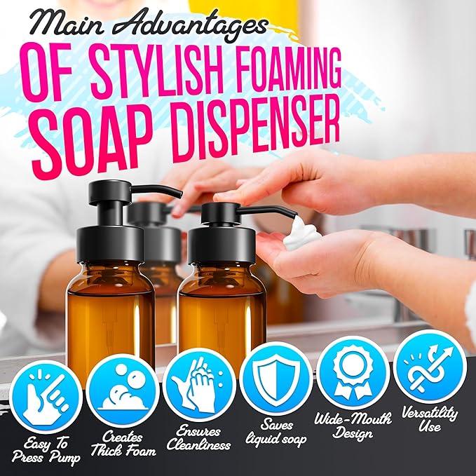 2Pcs Amber Glass Foaming Soap Dispenser - 8.5 oz Amber Glass Soap Dispenser with Pump, Compatible with Hand Soap, Dish Soap, Shampoo and Gel, Durable, Stylish & Refillable for Bathroom and Kitchen