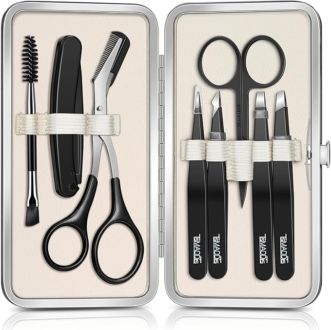 TsMADDTs Tweezers for Men, 8 in 1 Professional Eyebrow Tweezers Kit with Eyebrow Trimmer & Scissors, Razor, Brush, Skin Care Tools