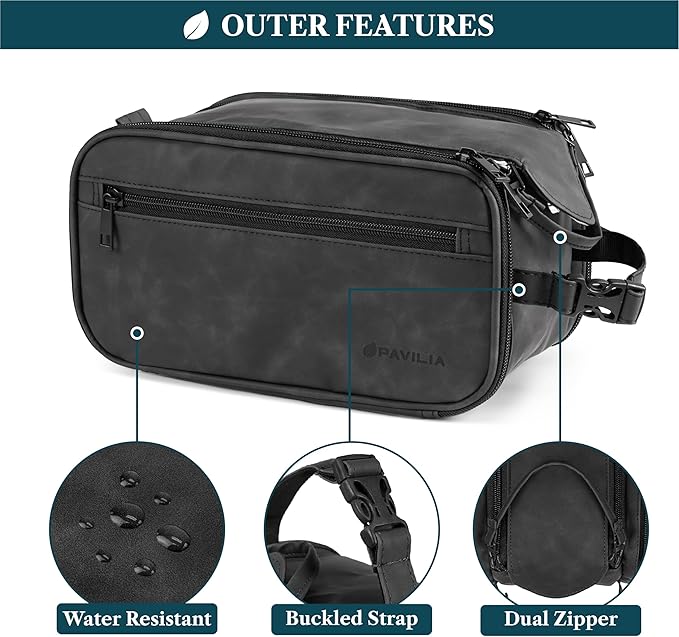 PAVILIA Large Toiletry Bag for Men Women, Mens Travel Bag Toiletries Organizer Case for Grooming, Travel Essentials Shaving Dopp Kit, PU Leather Water Resistant Cosmetic Pouch, Black