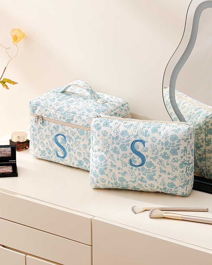 HBselect 2Pcs Initial Makeup Bag, Quilted Makeup Bag, Cotton Large Travel Makeup Bag, Cute Floral Coquette Make up Bag Cosmetic Bag Toiletry Bag for Women Girls S