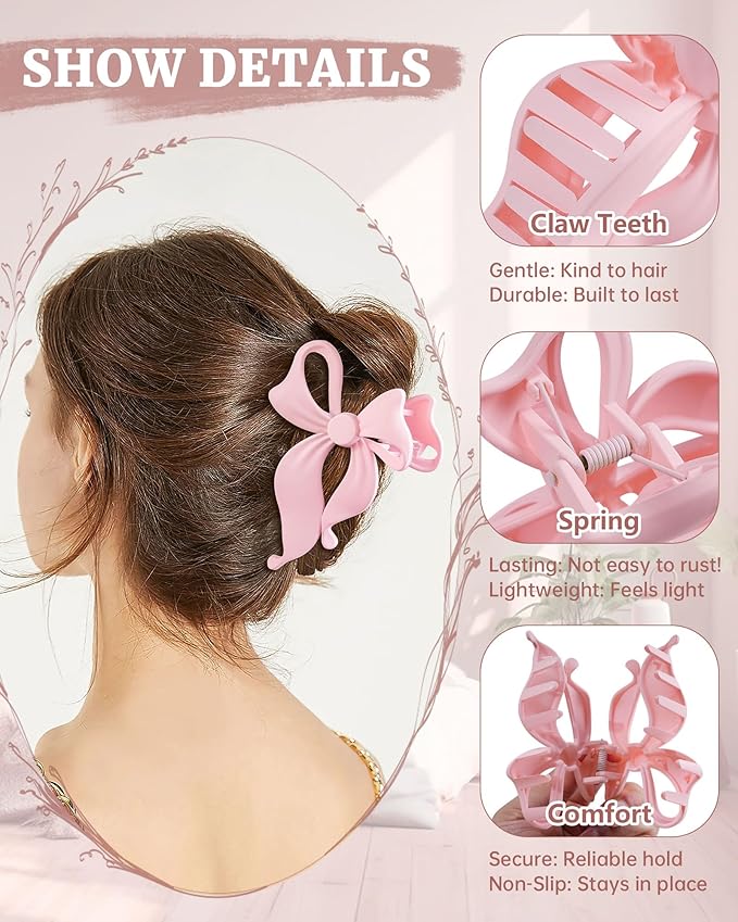Mesovor 4 Pack Cute Bow Claw Clip for Women, Nonslip Large Matte Strong Hold Bows Hair Clips for Thin and Thick Hair | Chic Hair Styling Accessories (4.1" Black, Brown, Beige, Pink)