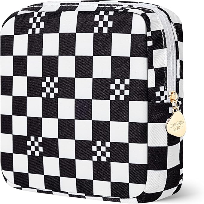 Desing Wish Period Bag Pouch Soft Cloth Sanitary Napkin Storage Bag Portable Menstrual Pad Pouches Tampon Holder for Purse First Period Kit for Girls 9-12 (Mixed Black-White Check)