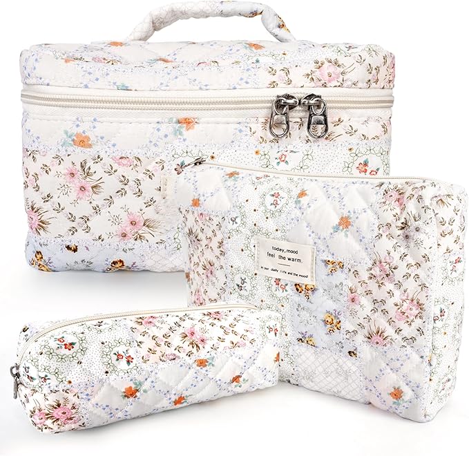 3Pcs Cotton Quilted Makeup Bag Large Travel Cosmetic Bag Coquette Makeup Pouch Cute Aesthetic Floral Toiletry Bag for Women Girls (flower-U)