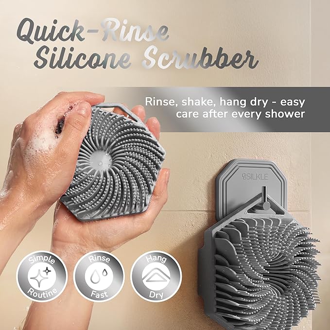 Silicone Body Scrubber – Gentle Exfoliating Shower Scrubber for Body & Bath, Silicone Shower Brush & Loofah Alternative – Non-Slip Silicone Body Brush, Quick Dry, Hygienic - Gray