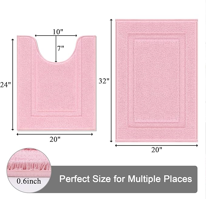 SHACOS 2 Pieces Pink Bathroom Rugs Set with Toilet Rug Soft Fluffy Absorbent 20"x32" Bath Rugs 20"x24" U Shaped Toilet Mat Non Slip Washable Bath Mat Set of 2